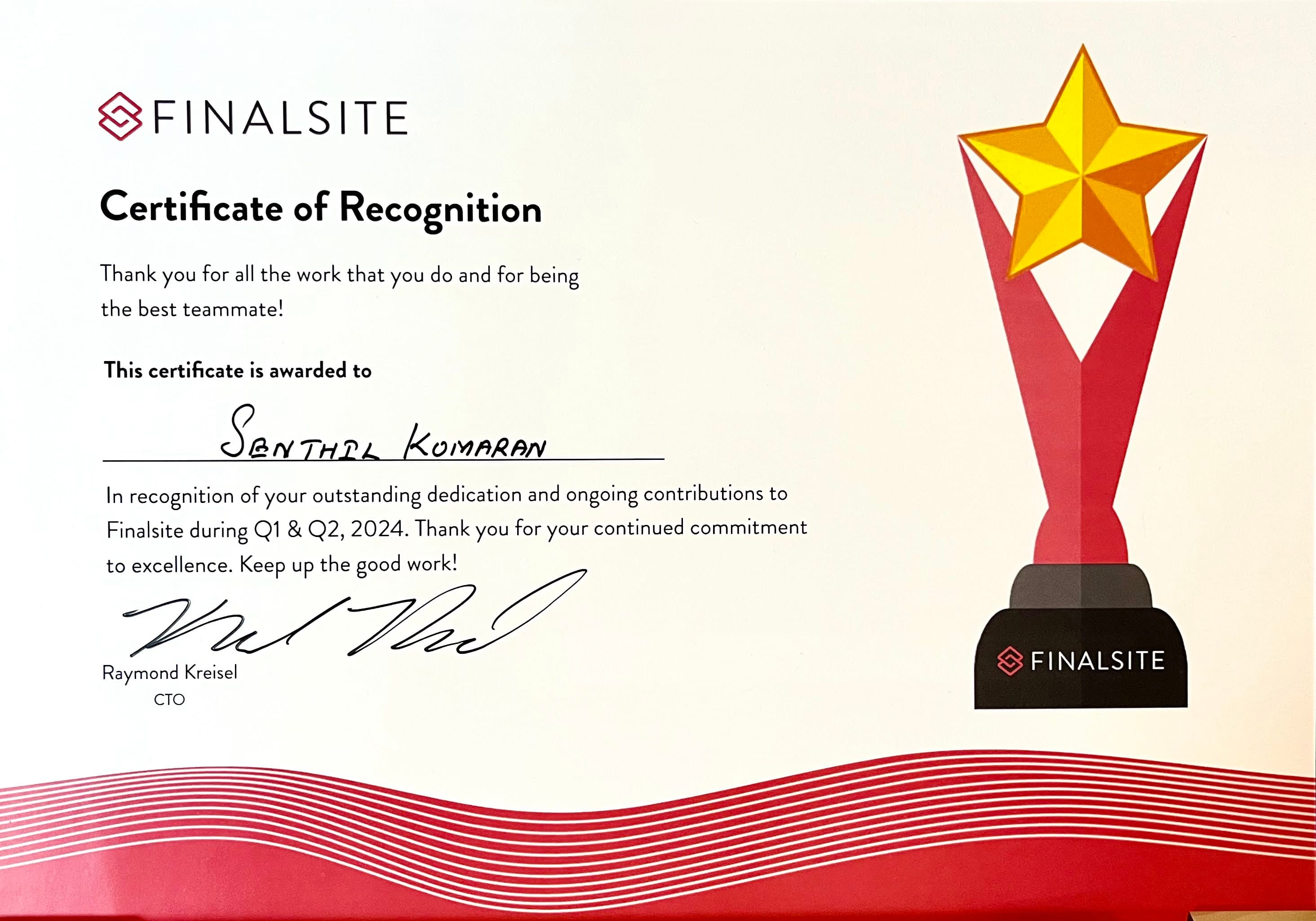 Certificate of Recognition in Finalsite